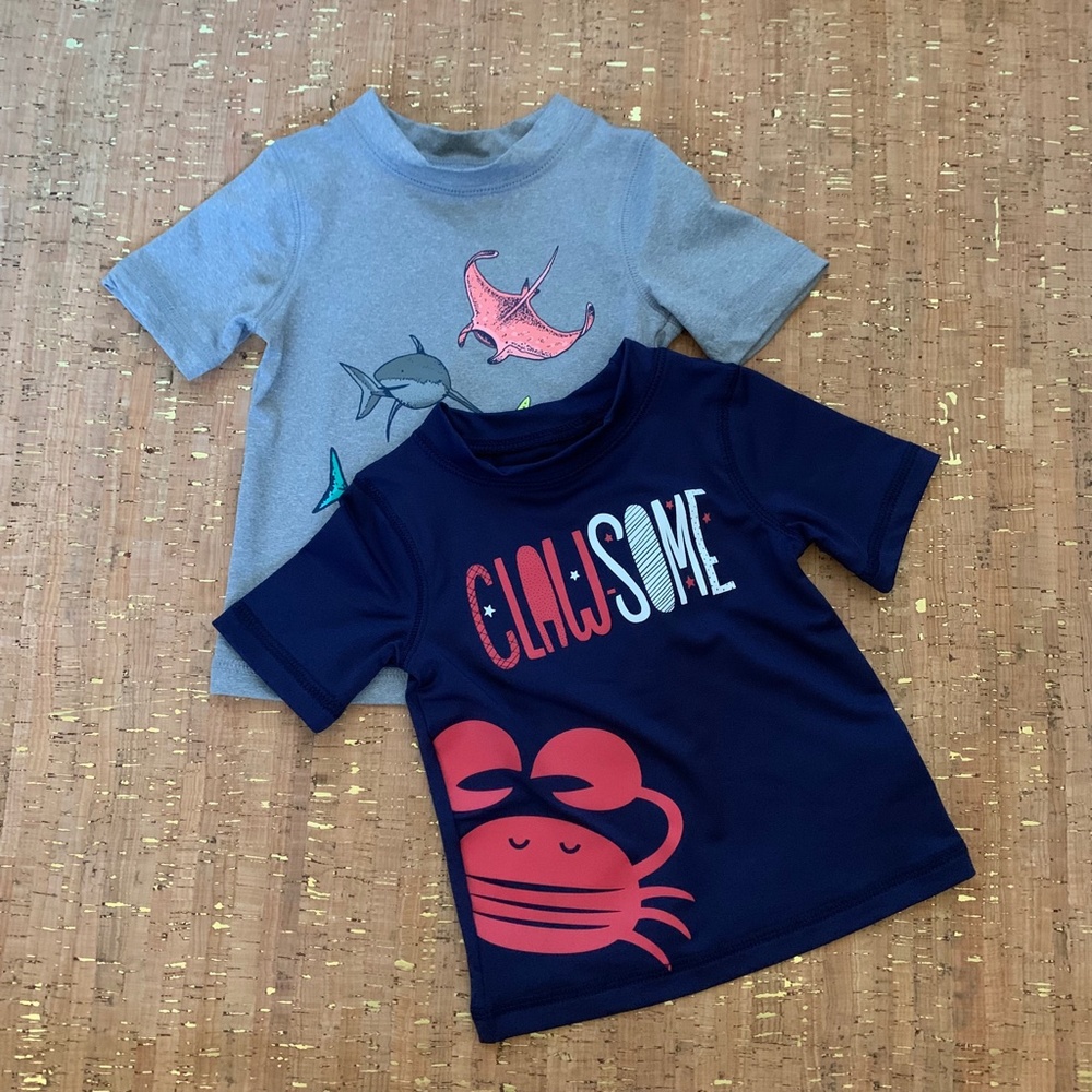 Cat & Jack Short Sleeve Rash Guard Shirts Boys 9M Sea Animals UPF 50+ Lot of 2